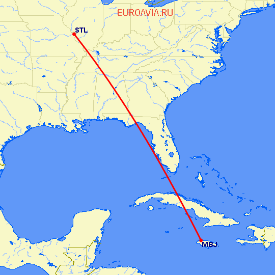 перелет Сент Луис — Монтего Бей на карте