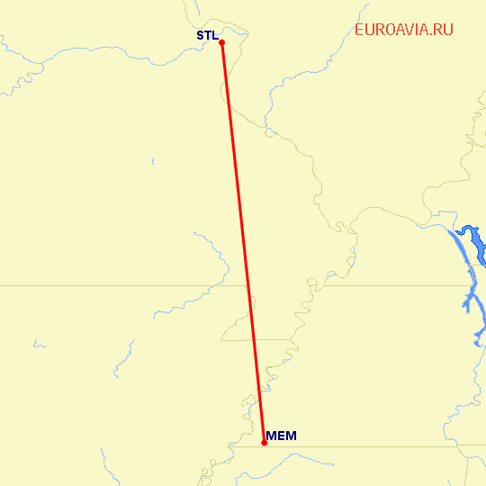 перелет Сент Луис — Мемфис на карте