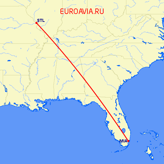 перелет Сент Луис — Майами на карте
