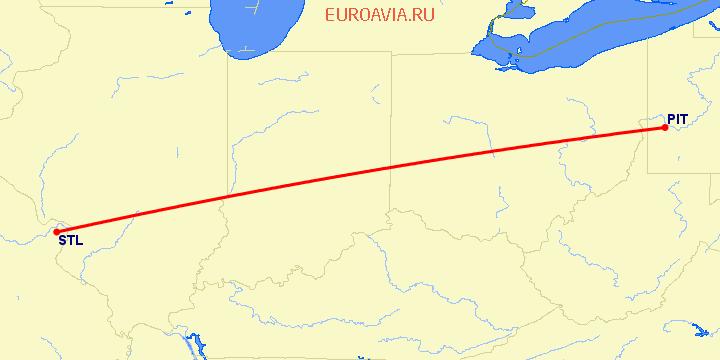 перелет Сент Луис — Питтсбург на карте