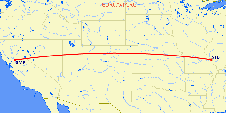 перелет Сент Луис — Сакраменто на карте