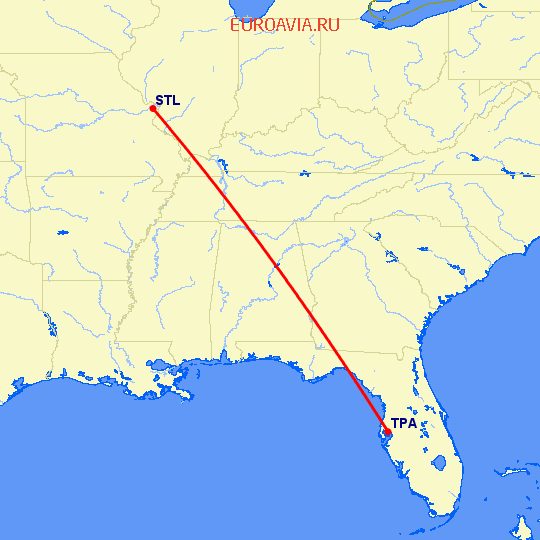 перелет Сент Луис — Тампа на карте