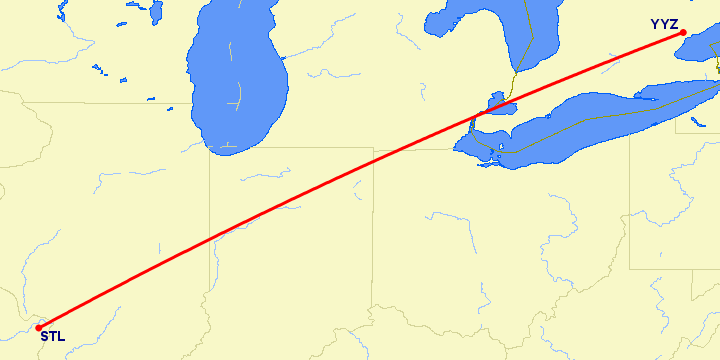 перелет Сент Луис — Торонто на карте