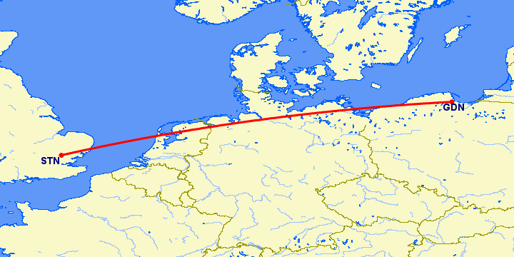 перелет Лондон — Гданьск на карте