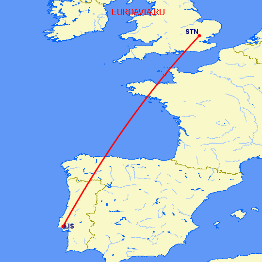 перелет Лондон — Лиссабон на карте