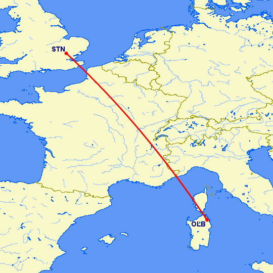 перелет Лондон — Ольбия на карте
