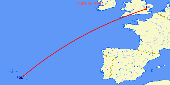перелет Лондон — Ponta Delgada на карте