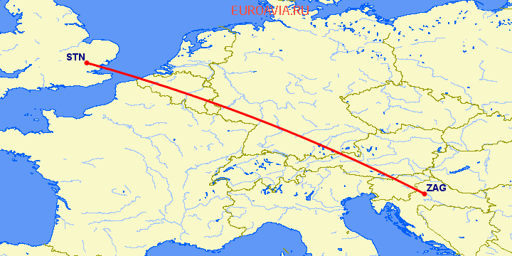 перелет Лондон — Загреб на карте
