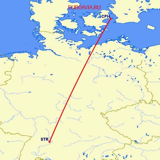 перелет Штуттгард — Копенгаген на карте