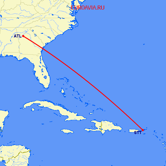 перелет Charlotte Amalie St Thomas — Атланта на карте