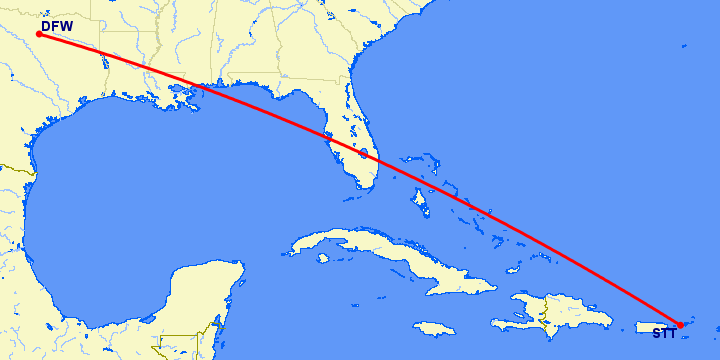 перелет Charlotte Amalie St Thomas — Даллас на карте
