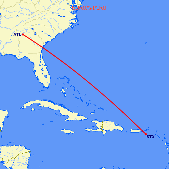 перелет St Croix Island — Атланта на карте