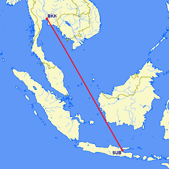 перелет Сурабайя — Бангкок на карте