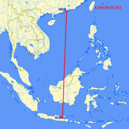 перелет Сурабайя — Гонконг на карте
