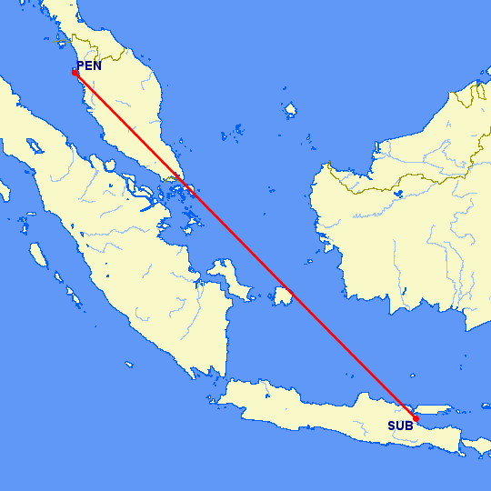 перелет Сурабайя — Пенанг на карте