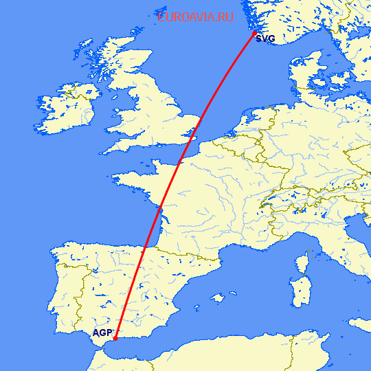 перелет Ставангер — Малага на карте