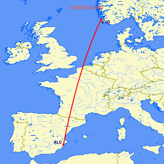 перелет Ставангер — Аликанте на карте