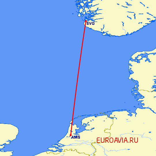 перелет Ставангер — Амстердам на карте