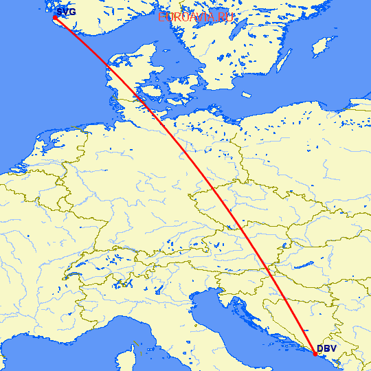 перелет Ставангер — Дубровник на карте
