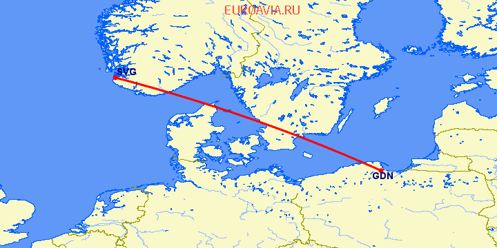перелет Ставангер — Гданьск на карте
