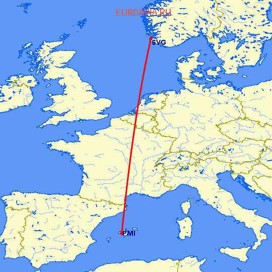 перелет Ставангер — Пальма де Майорка на карте