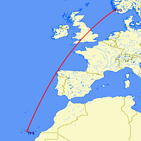 перелет Ставангер — Тенерифе на карте