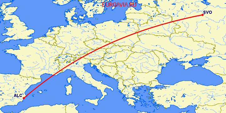 перелет Москва — Аликанте на карте