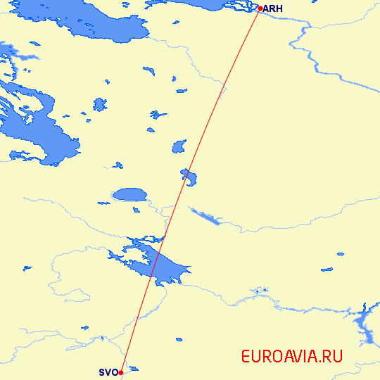 перелет Москва — Архангельск на карте