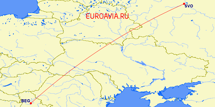 перелет Москва — Белград на карте