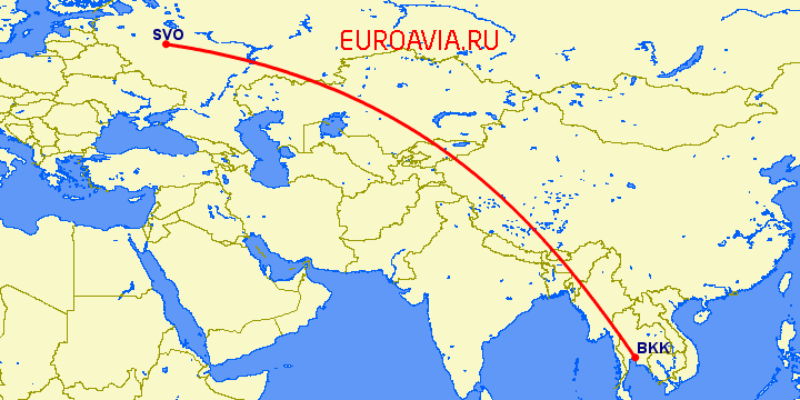 перелет Москва — Бангкок на карте