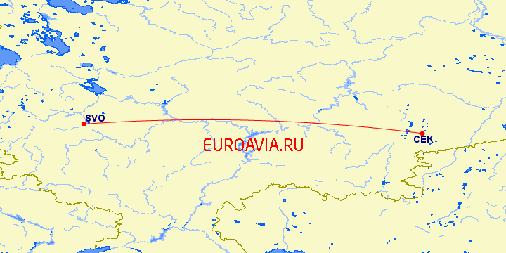 перелет Москва — Челябинск на карте