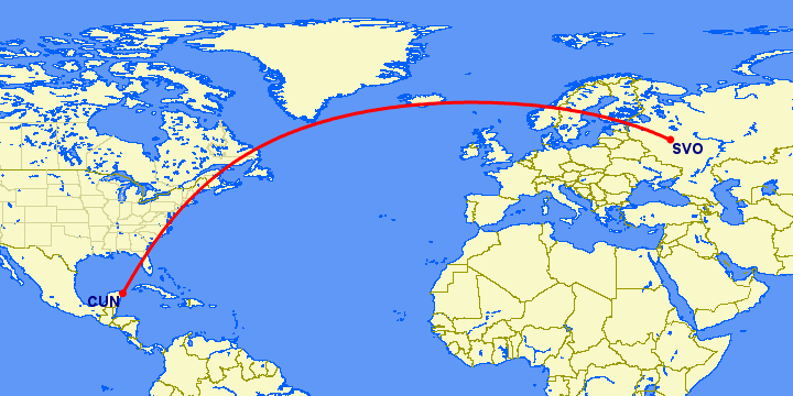 перелет Москва — Канкун на карте