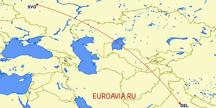 перелет Москва — Нью Дели на карте