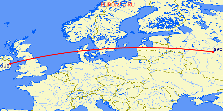 перелет Москва — Дублин на карте