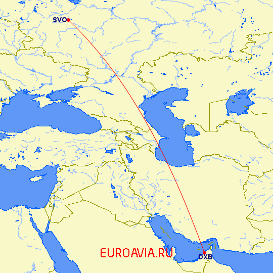 перелет Москва — Дубай на карте