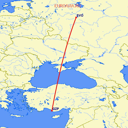 перелет Москва — Алания на карте