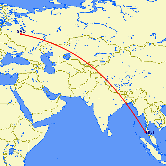 перелет Москва — Пхукет на карте