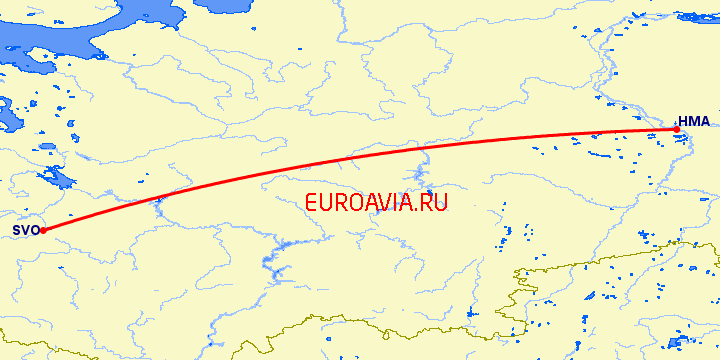 перелет Москва — Ханты Мансийск на карте