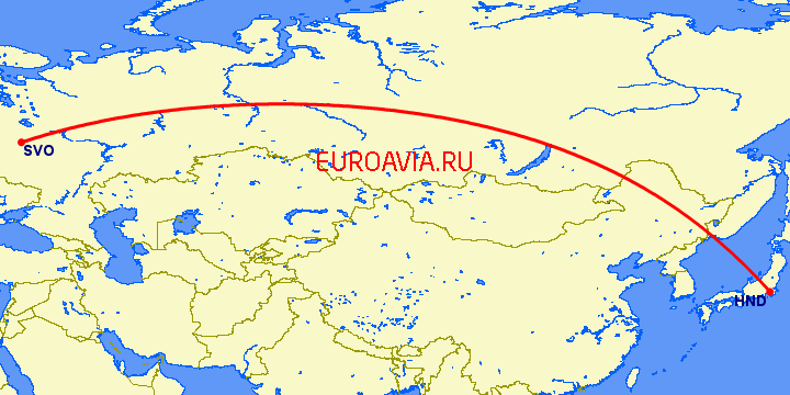 перелет Москва — Токио на карте