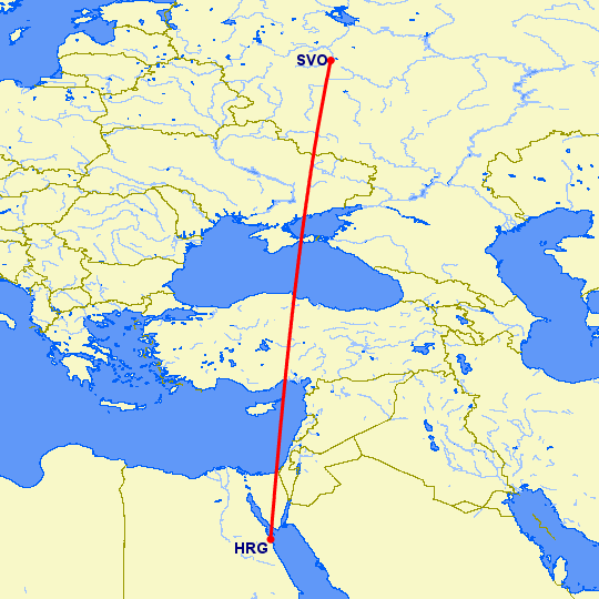 перелет Москва — Хургада на карте