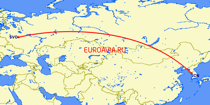 перелет Москва — Сеул на карте