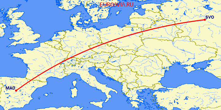 перелет Москва — Мадрид на карте