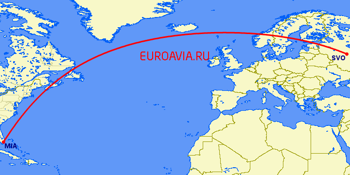 перелет Москва — Майами на карте