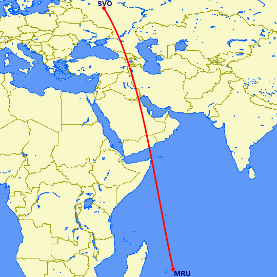 перелет Москва — Маврикий на карте