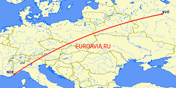 перелет Москва — Ницца на карте