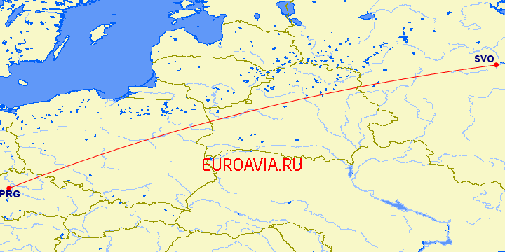 перелет Москва — Прага на карте