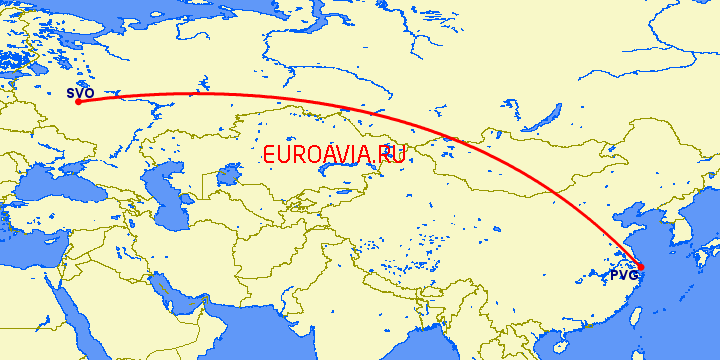 перелет Москва — Шанхай на карте