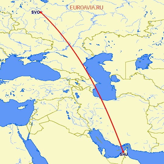 перелет Москва — Шарджа на карте