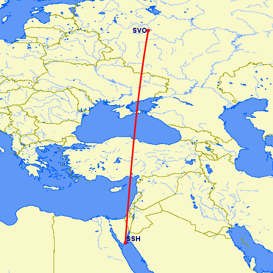 перелет Москва — Шарм эль Шейх на карте