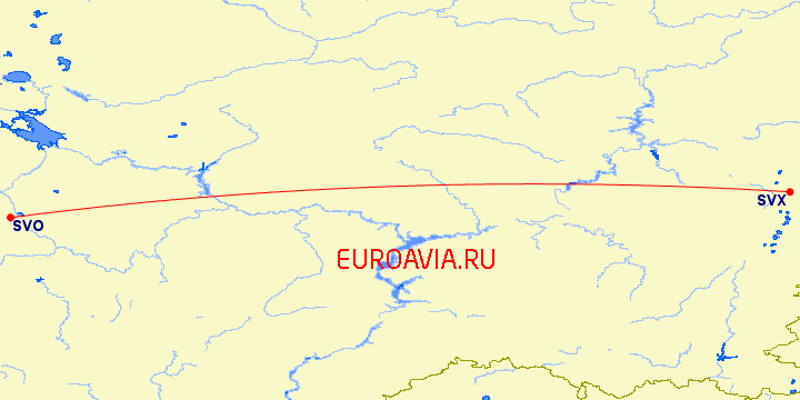 перелет Москва — Екатеринбург на карте